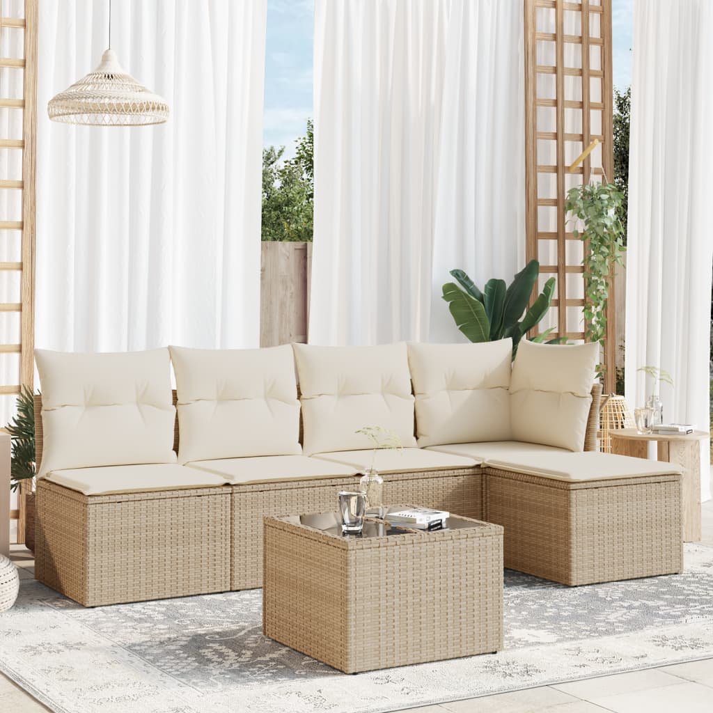 JUNG Vida 6-tlg. Garten-Sofagarnitur mit Kissen Beige Poly Rattan