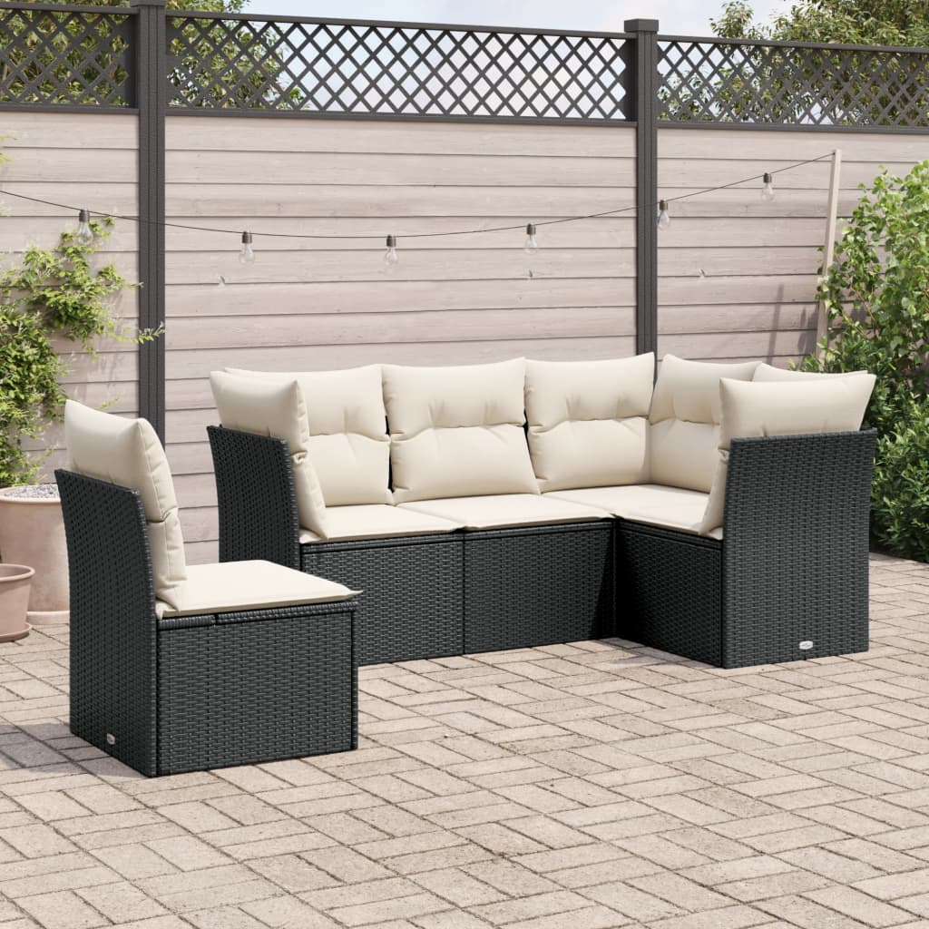 JUNG Vida 5-tlg. Garten-Sofagarnitur mit Kissen Schwarz Poly Rattan