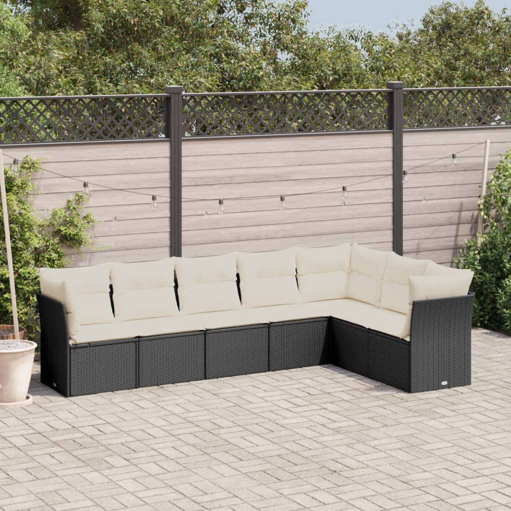 JUNG Vida 7-tlg. Garten-Sofagarnitur mit Kissen Schwarz Poly Rattan