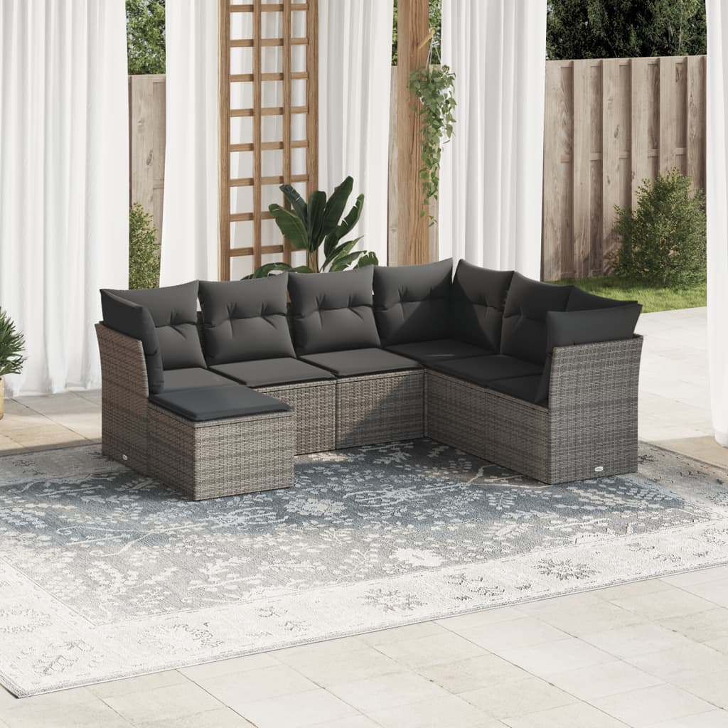 JUNG Vida 7-tlg. Garten-Sofagarnitur mit Kissen Grau Poly Rattan