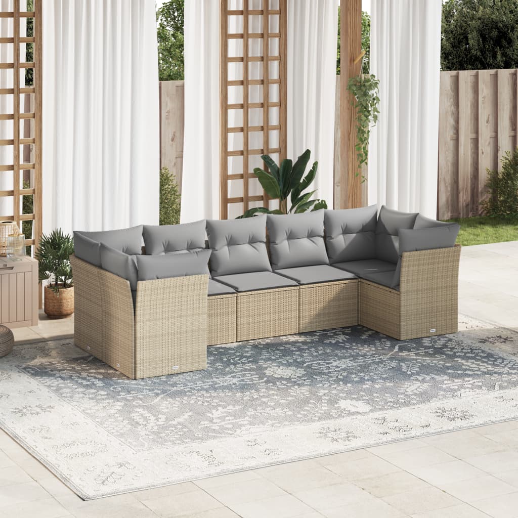 JUNG Vida 7-tlg. Garten-Sofagarnitur mit Kissen Beige Poly Rattan
