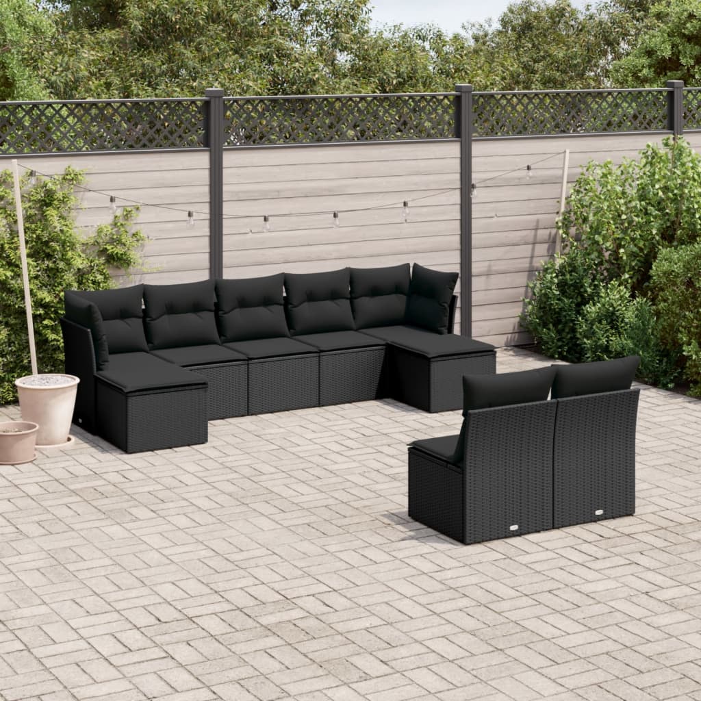 JUNG Vida 9-tlg. Garten-Sofagarnitur mit Kissen Schwarz Poly Rattan