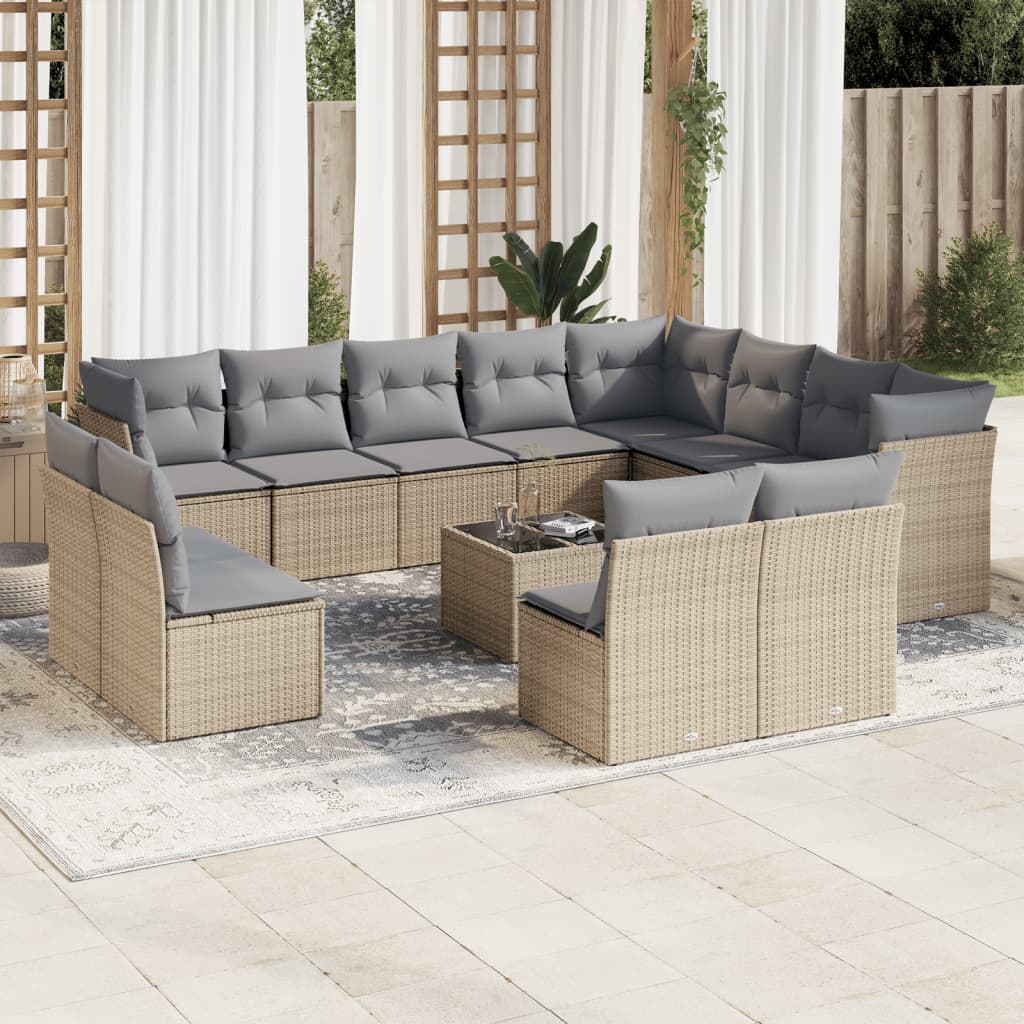 JUNG Vida 13-tlg. Garten-Sofagarnitur mit Kissen Beige Poly Rattan