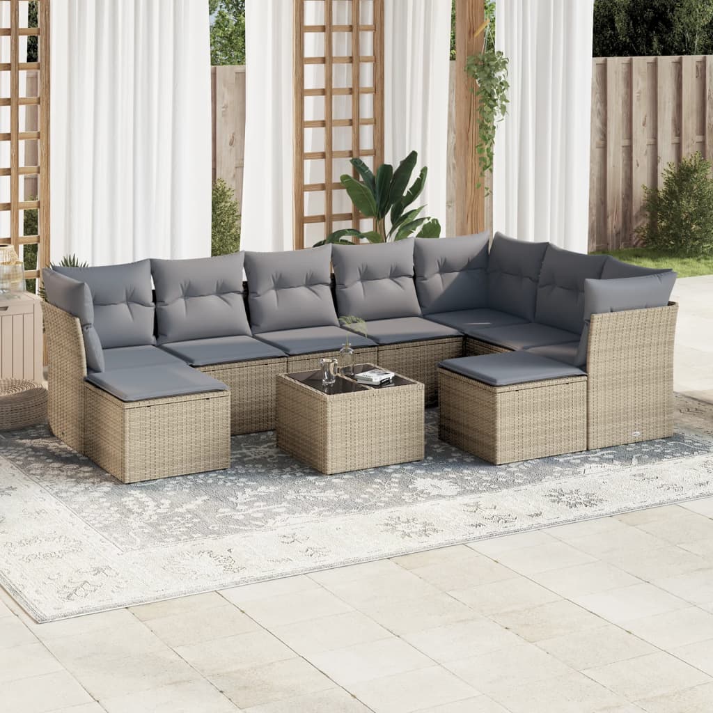 JUNG Vida 10-tlg. Garten-Sofagarnitur mit Kissen Beige Poly Rattan