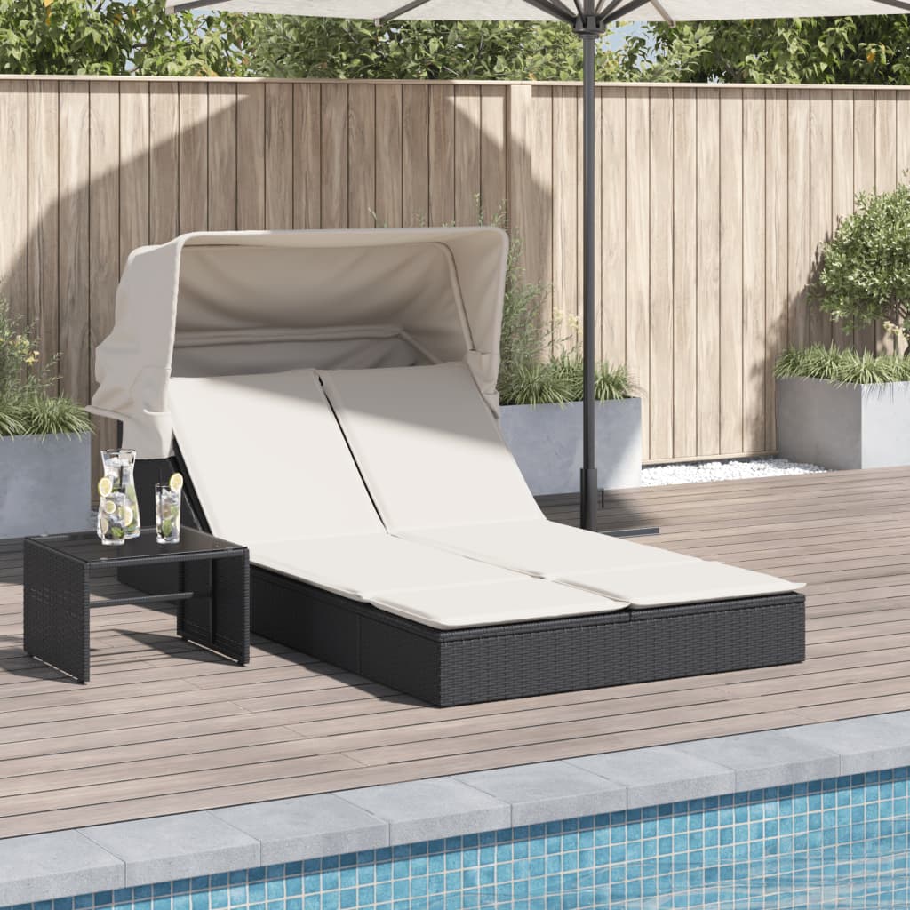 JUNG Vida Doppel-Sonnenliege mit Dach und Auflagen Schwarz Poly Rattan