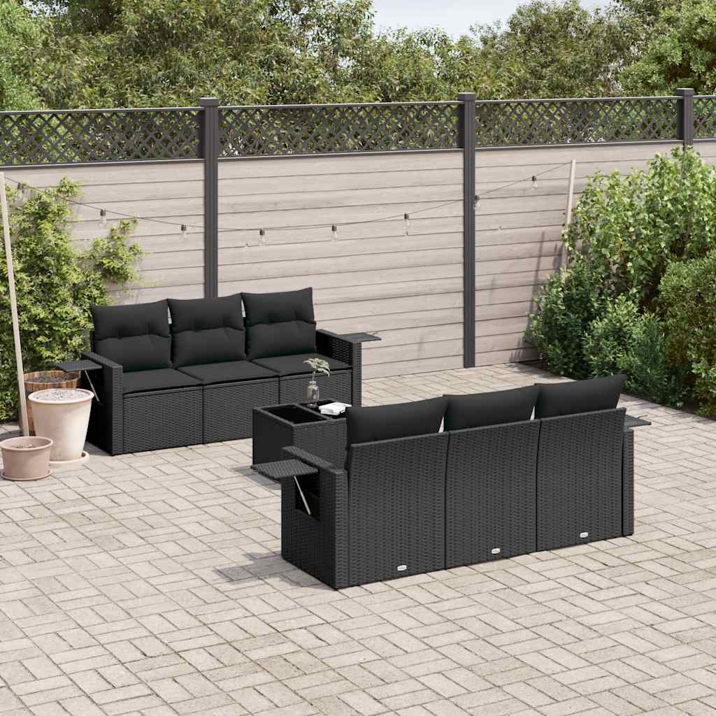 JUNG Vida 7-tlg. Garten-Sofagarnitur mit Kissen Schwarz Poly Rattan