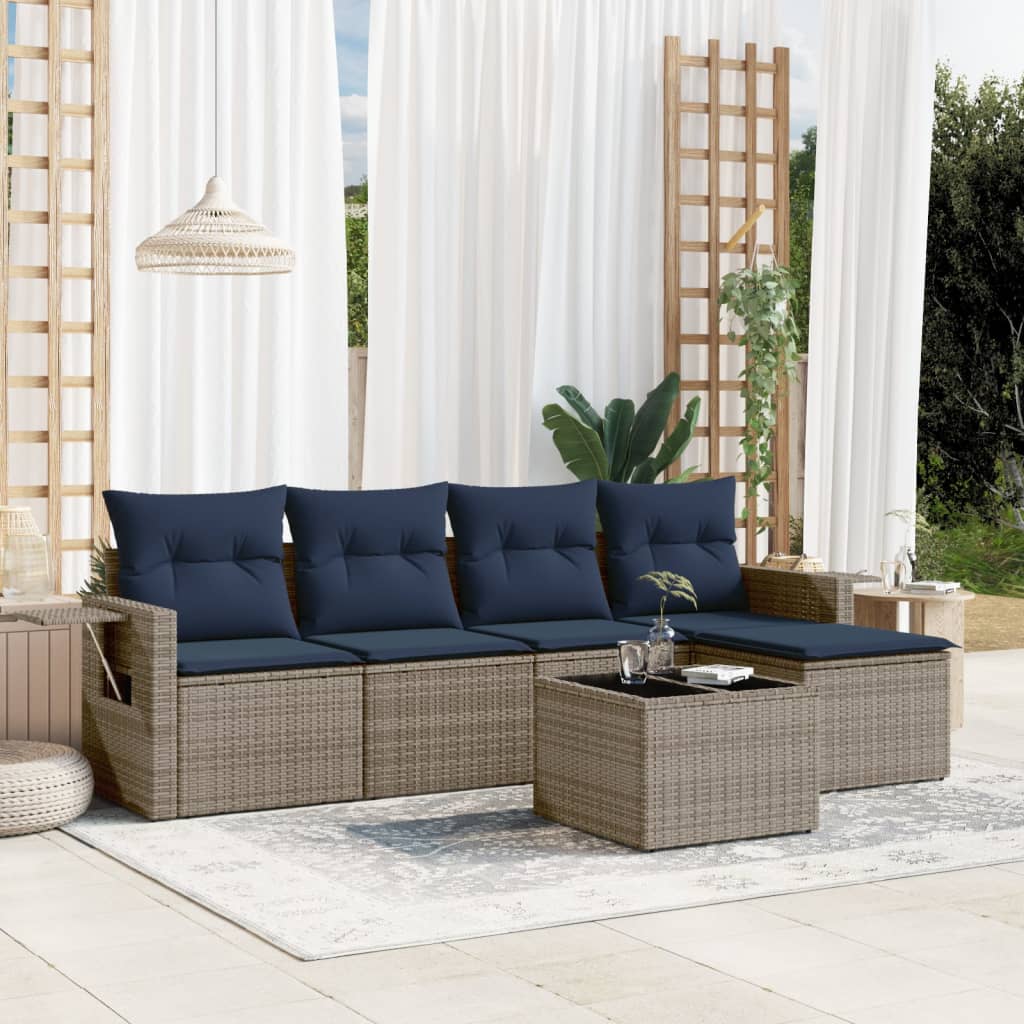 JUNG Vida 6-teiliges Gartensofa-Set mit Kissen, grau, Polyrattan