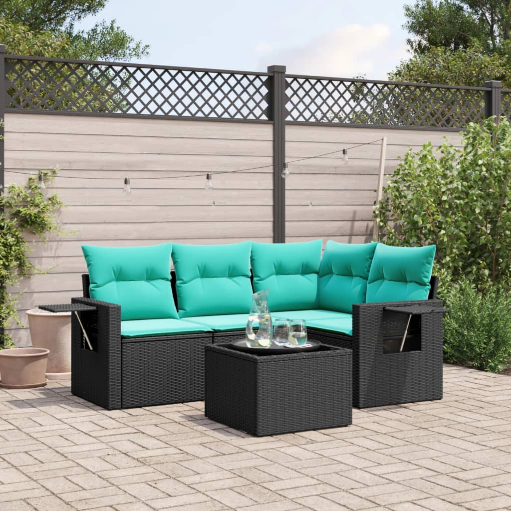 JUNG Vida 5-teiliges Gartensofa-Set mit Kissen, schwarzes Polyrattan