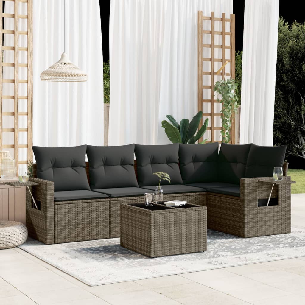 JUNG Vida 6-tlg. Garten-Sofagarnitur mit Kissen Grau Poly Rattan