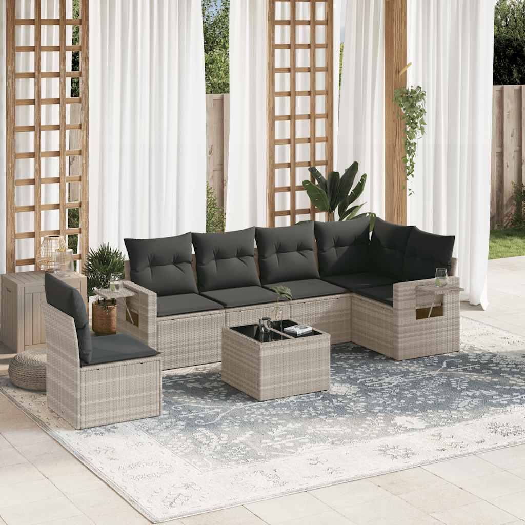 JUNG Vida 7-tlg. Garten-Sofagarnitur mit Kissen Hellgrau Poly Rattan