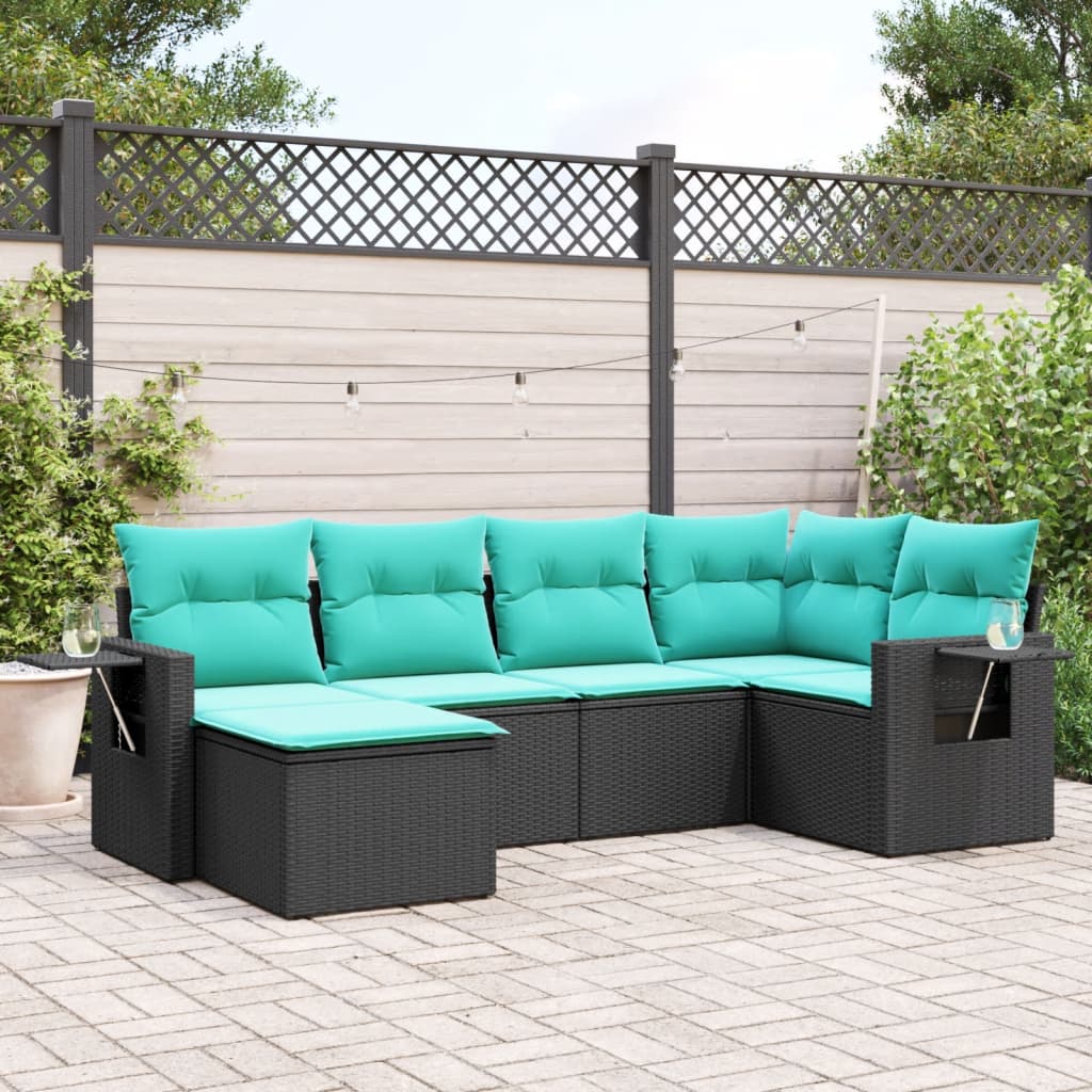 JUNG Vida 6-teiliges Gartensofa-Set mit Kissen, schwarzes Polyrattan