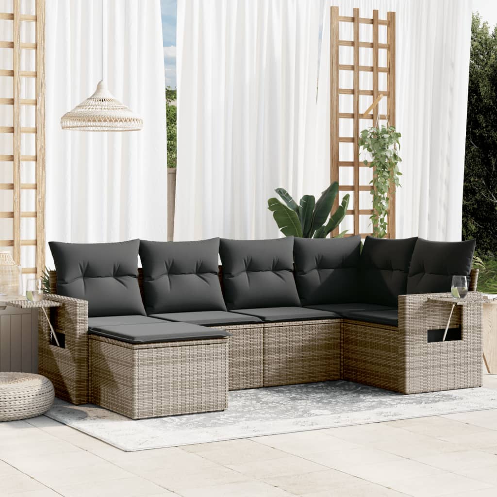 JUNG Vida 6-tlg. Garten-Sofagarnitur mit Kissen Grau Poly Rattan
