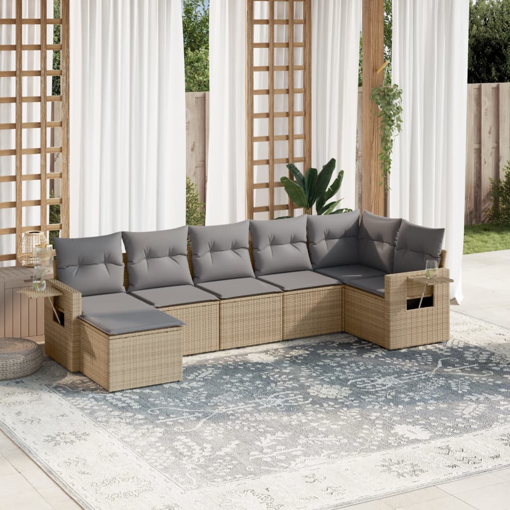 JUNG Vida 7-tlg. Garten-Sofagarnitur mit Kissen Beige Poly Rattan