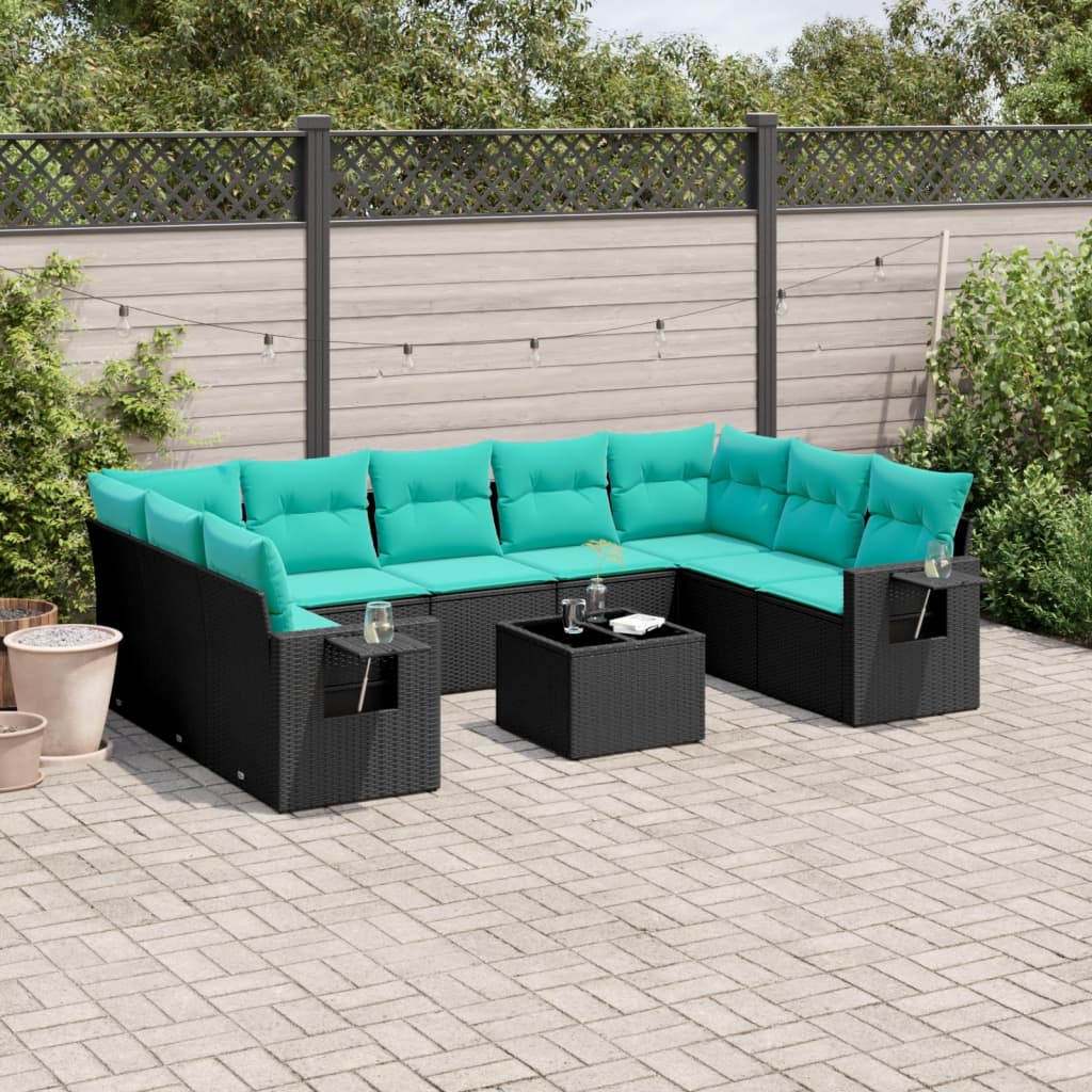 JUNG Vida 10-teiliges Gartensofa-Set mit Kissen, schwarzes Polyrattan