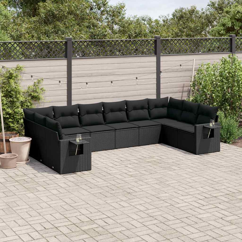 JUNG Vida 10-tlg. Garten-Sofagarnitur mit Kissen Schwarz Poly Rattan