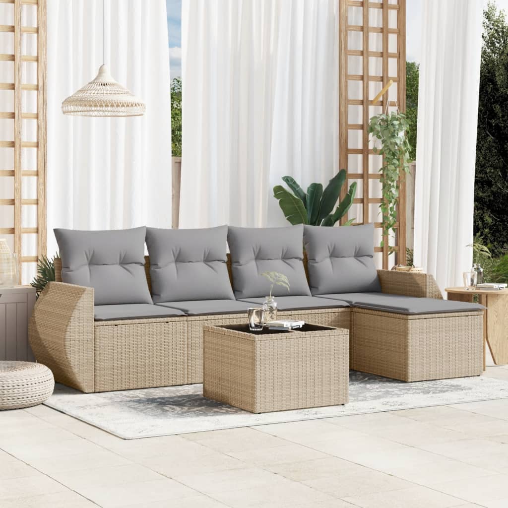 JUNG Vida 6-tlg. Garten-Sofagarnitur mit Kissen Beige Poly Rattan