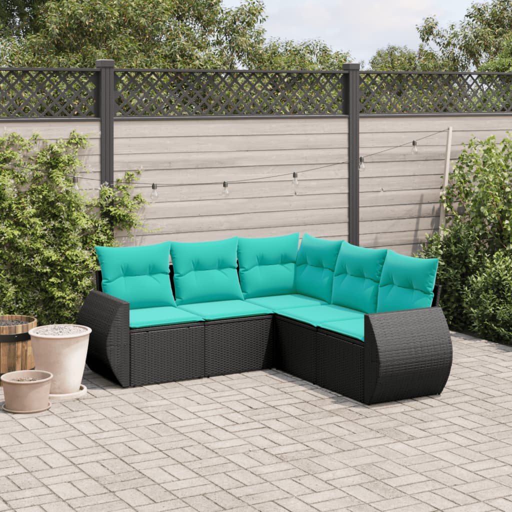 JUNG Vida 5-teiliges Gartensofa-Set mit Kissen, schwarzes Polyrattan