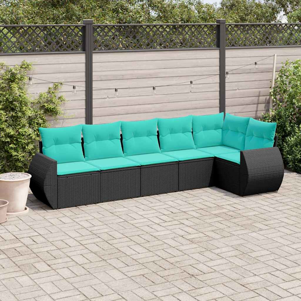 JUNG Vida 6-teiliges Gartensofa-Set mit Kissen, schwarzes Polyrattan