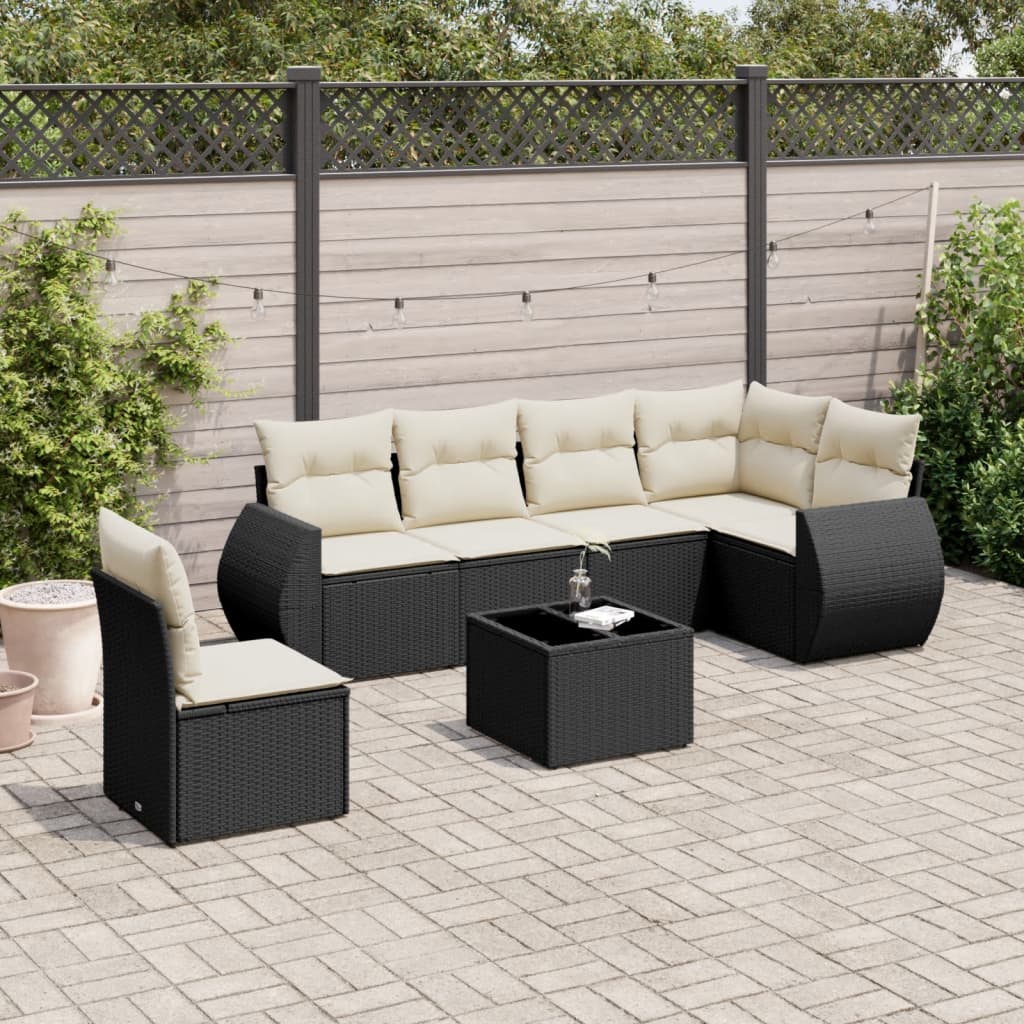 JUNG Vida 7-tlg. Garten-Sofagarnitur mit Kissen Schwarz Poly Rattan