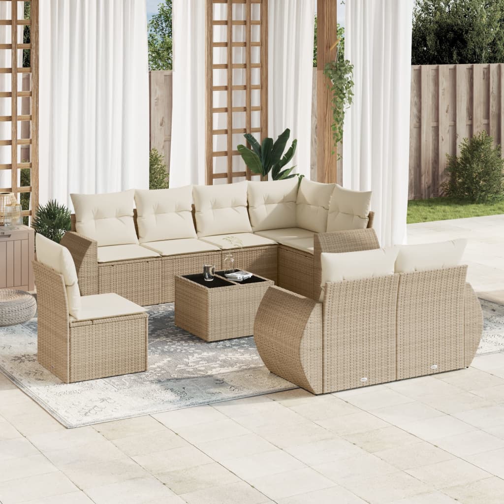 JUNG Vida 9-tlg. Garten-Sofagarnitur mit Kissen Beige Poly Rattan