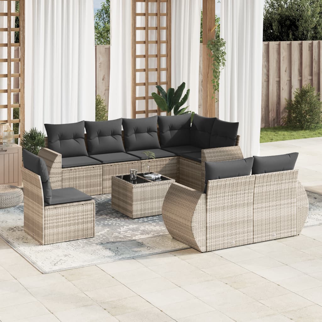 JUNG Vida 9-tlg. Garten-Sofagarnitur mit Kissen Hellgrau Poly Rattan