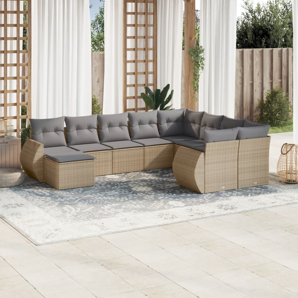 JUNG Vida 10-tlg. Garten-Sofagarnitur mit Kissen Beige Poly Rattan