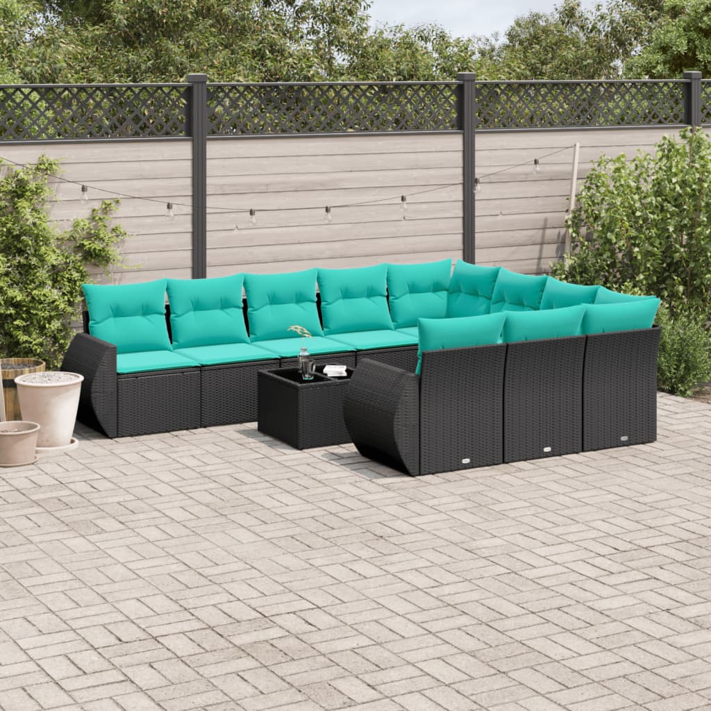 JUNG Vida 11-teiliges Gartensofa-Set mit Kissen, schwarzes Polyrattan