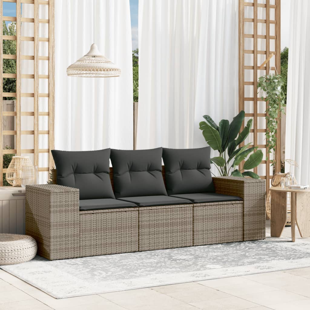JUNG Vida 3-tlg. Garten-Sofagarnitur mit Kissen Grau Poly Rattan