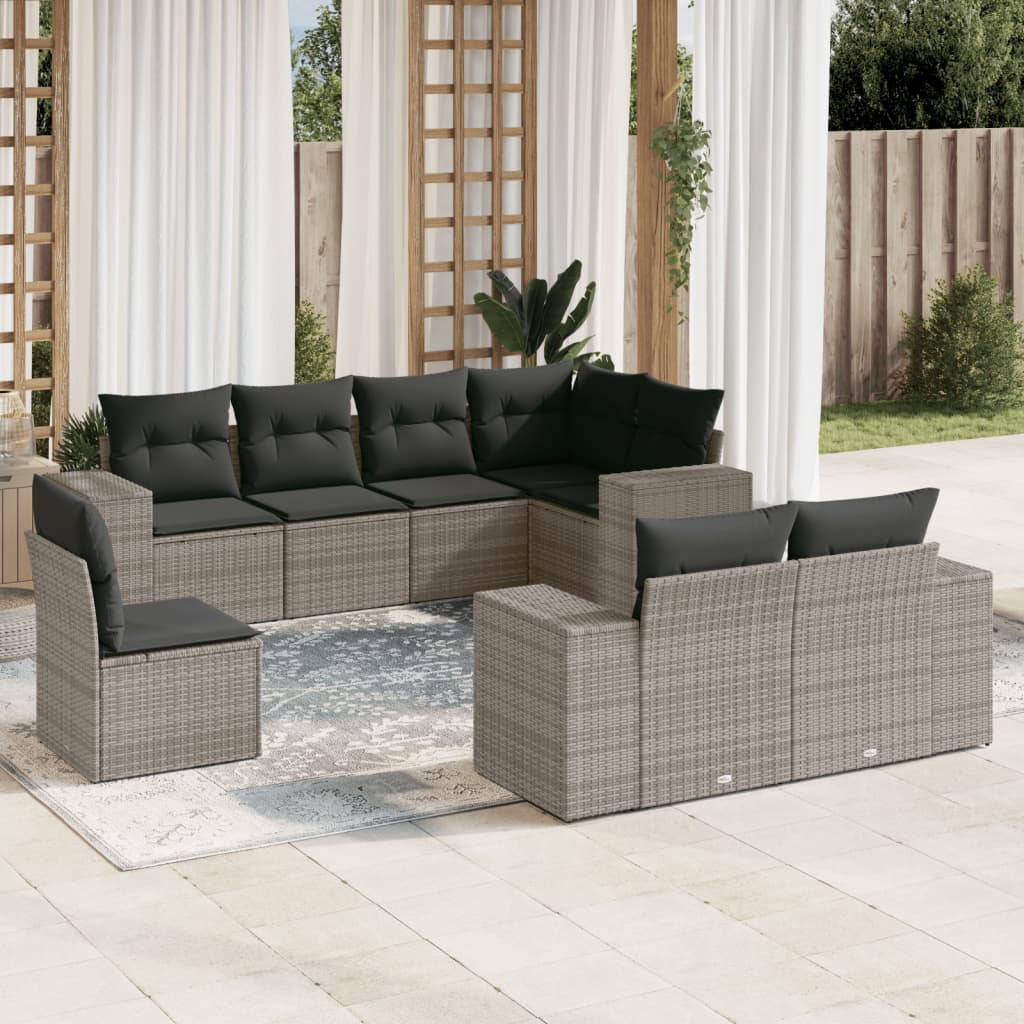 JUNG Vida 8-tlg. Garten-Sofagarnitur mit Kissen Grau Poly Rattan