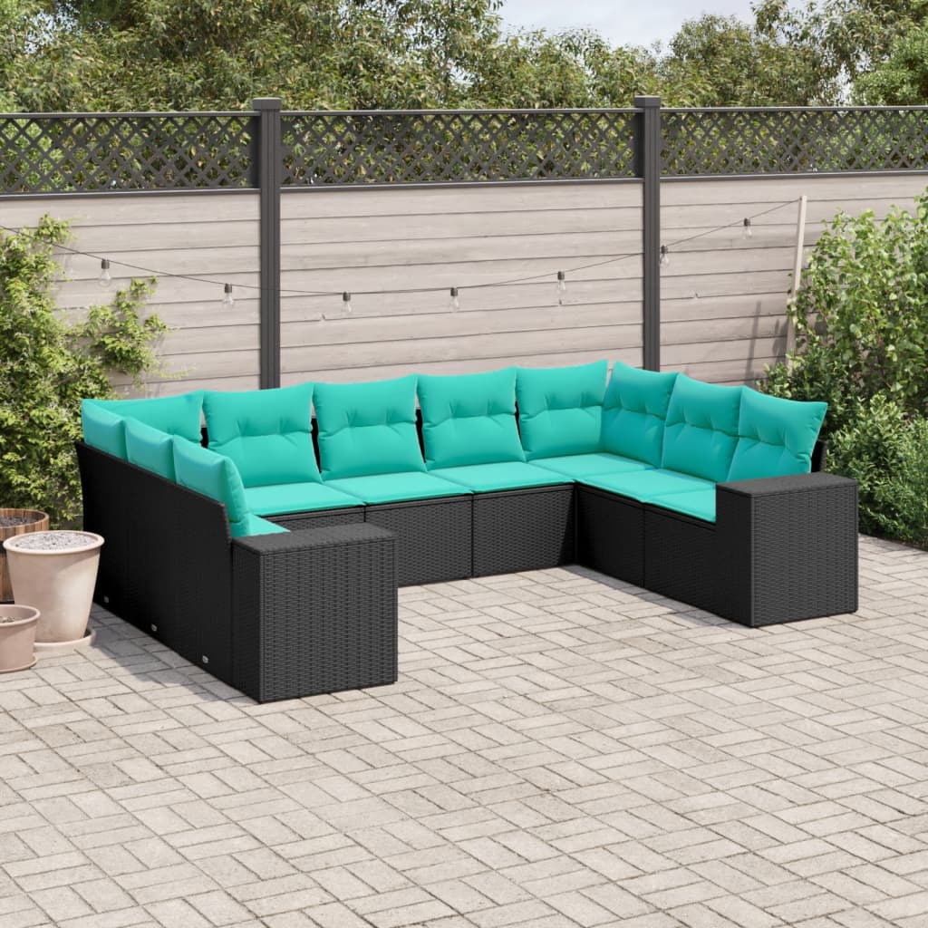 JUNG Vida 9-teiliges Gartensofa-Set mit Kissen, schwarzes Polyrattan
