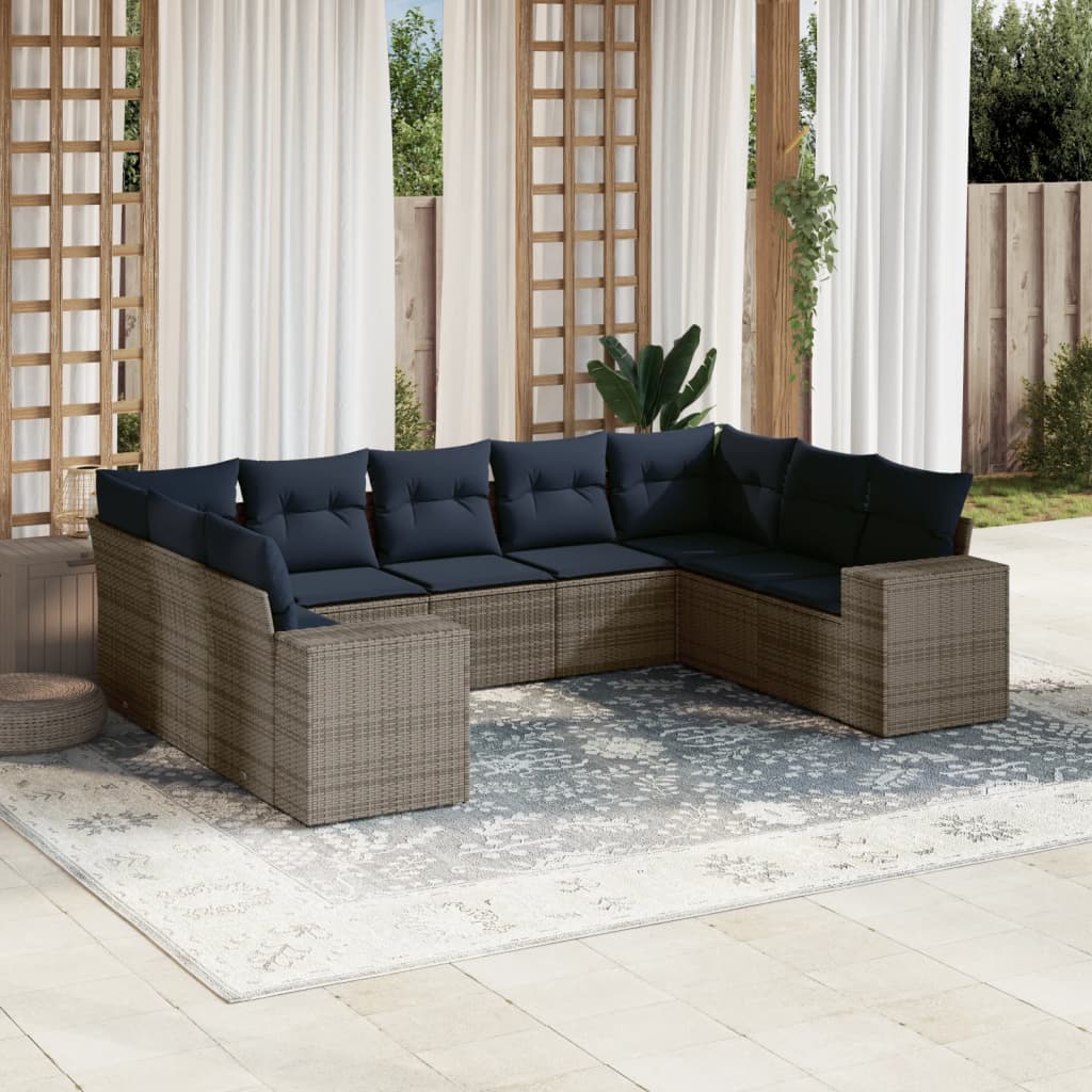 JUNG Vida 9-teiliges Gartensofa-Set mit Kissen, grau, Polyrattan
