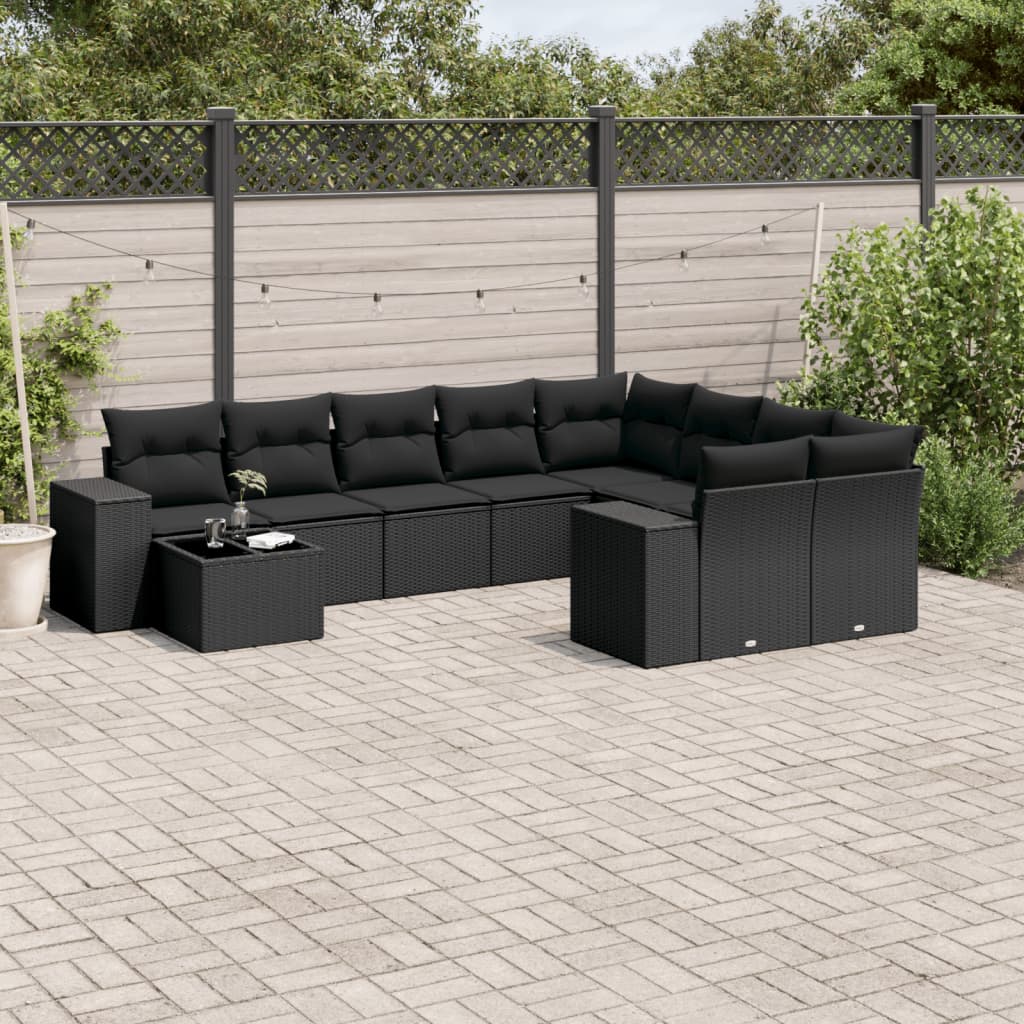 JUNG Vida 10-tlg. Garten-Sofagarnitur mit Kissen Schwarz Poly Rattan