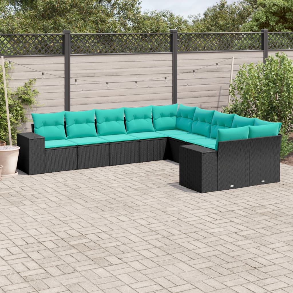 JUNG Vida 10-teiliges Gartensofa-Set mit Kissen, schwarzes Polyrattan
