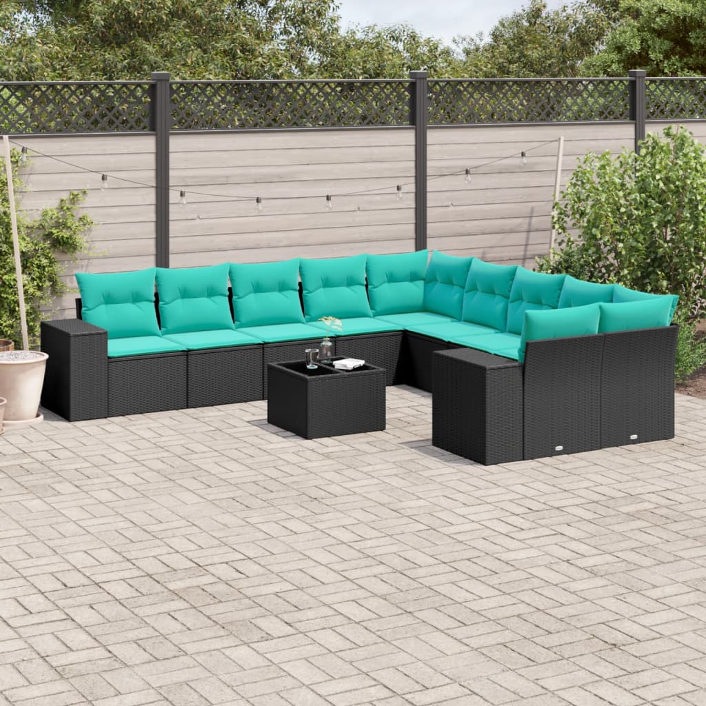 JUNG Vida 11-teiliges Gartensofa-Set mit Kissen, schwarzes Polyrattan