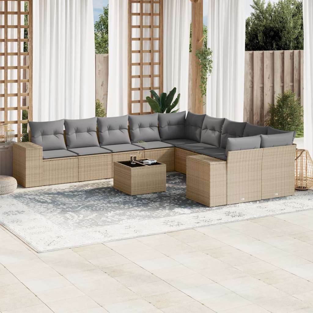 JUNG Vida 11-tlg. Garten-Sofagarnitur mit Kissen Beige Poly Rattan