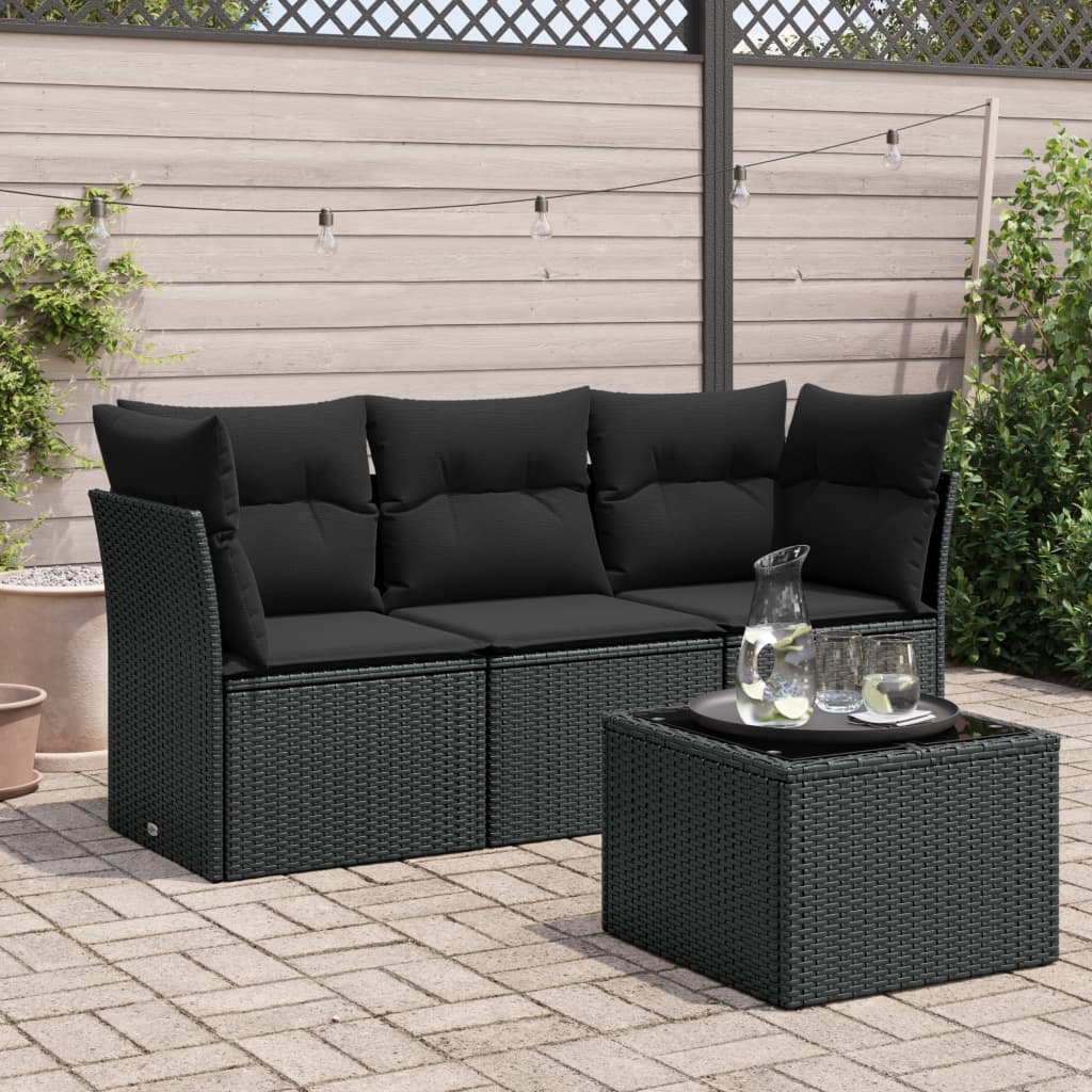 JUNG Vida 4-tlg. Garten-Sofagarnitur mit Kissen Schwarz Poly Rattan