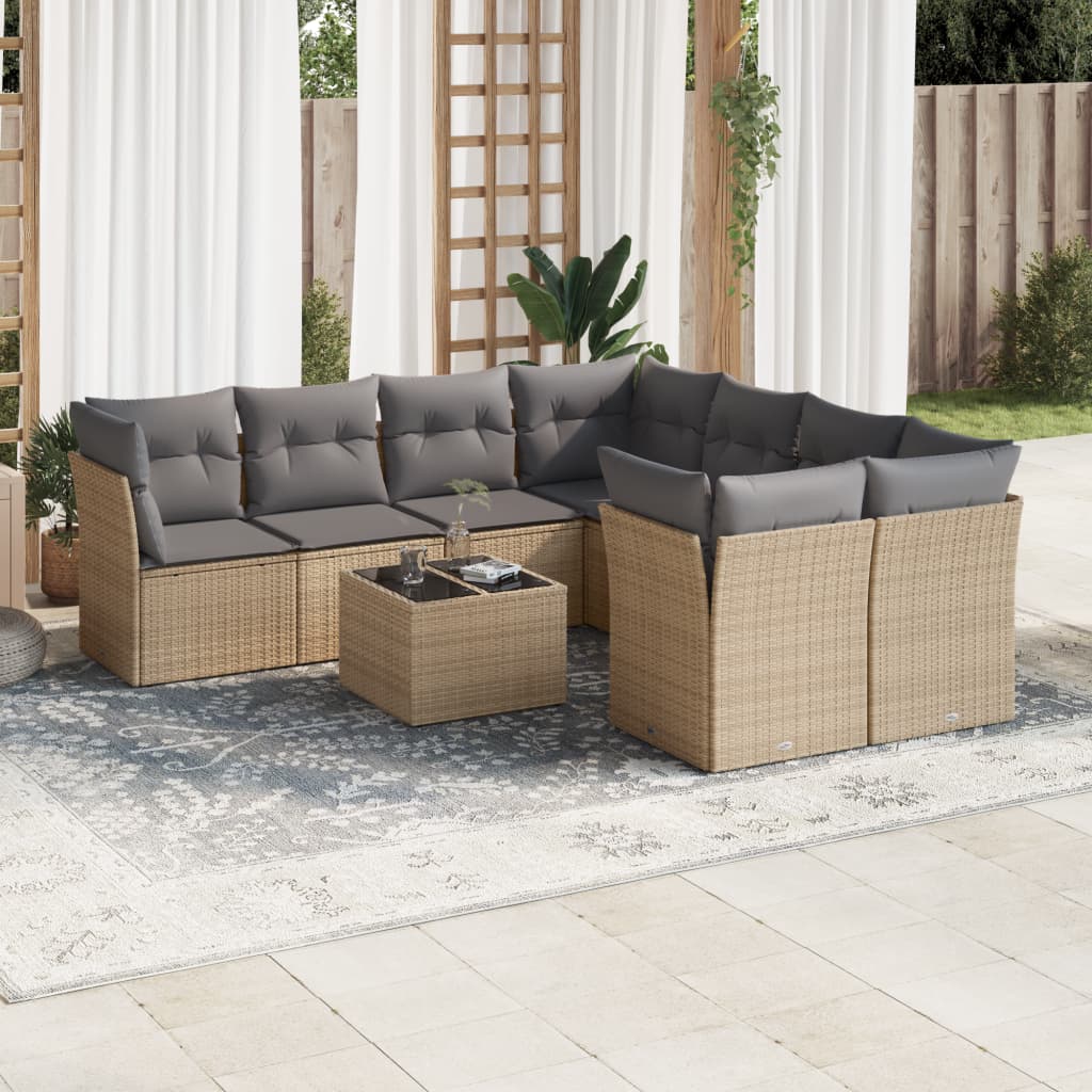 JUNG Vida 9-tlg. Garten-Sofagarnitur mit Kissen Beige Poly Rattan