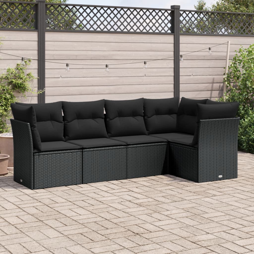 JUNG Vida 5-tlg. Garten-Sofagarnitur mit Kissen Schwarz Poly Rattan