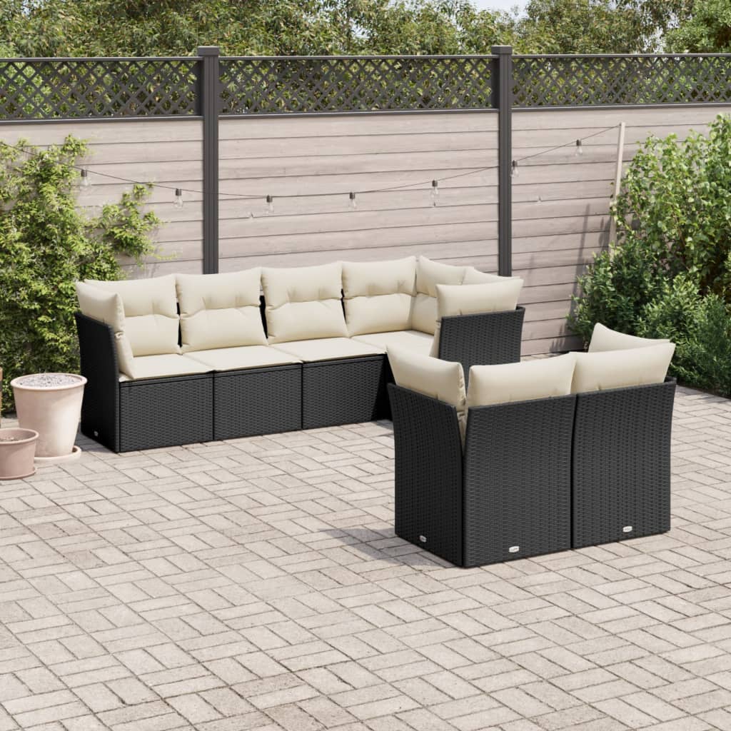 JUNG Vida 7-tlg. Garten-Sofagarnitur mit Kissen Schwarz Poly Rattan