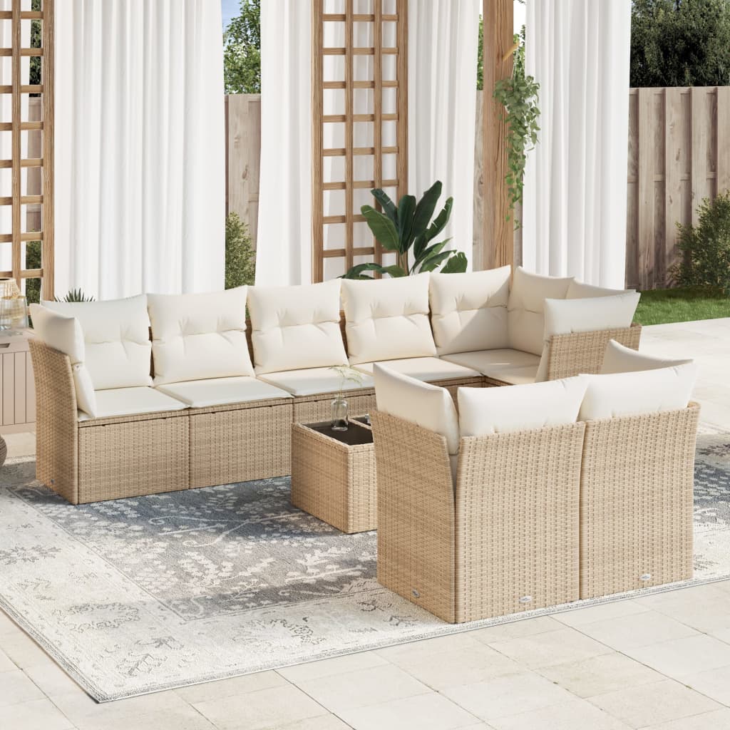 JUNG Vida 9-tlg. Garten-Sofagarnitur mit Kissen Beige Poly Rattan