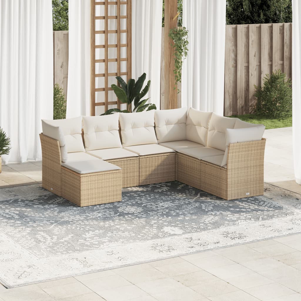 JUNG Vida 7-tlg. Garten-Sofagarnitur mit Kissen Beige Poly Rattan