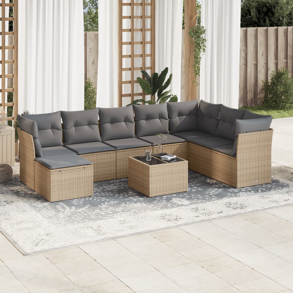 JUNG Vida 9-tlg. Garten-Sofagarnitur mit Kissen Beige Poly Rattan