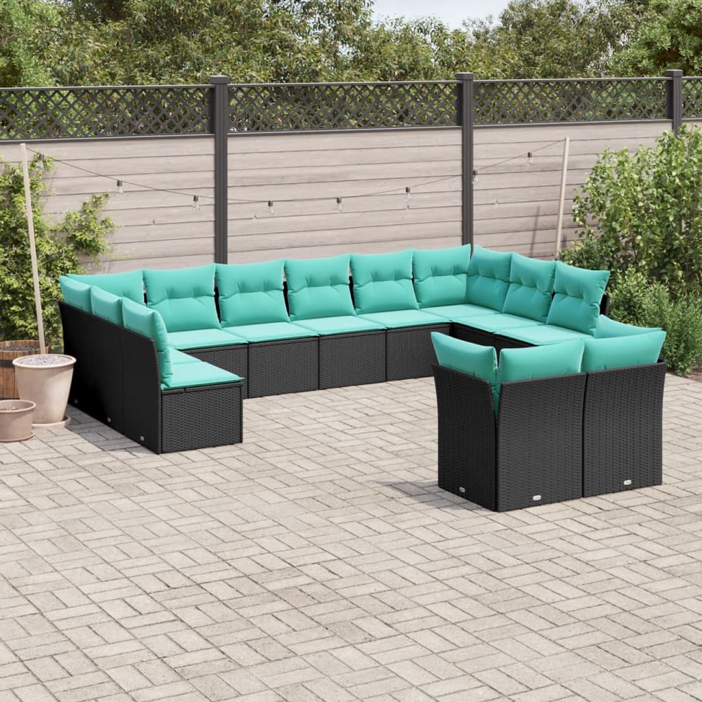 JUNG Vida 12-teiliges Gartensofa-Set mit Kissen, schwarzes Polyrattan