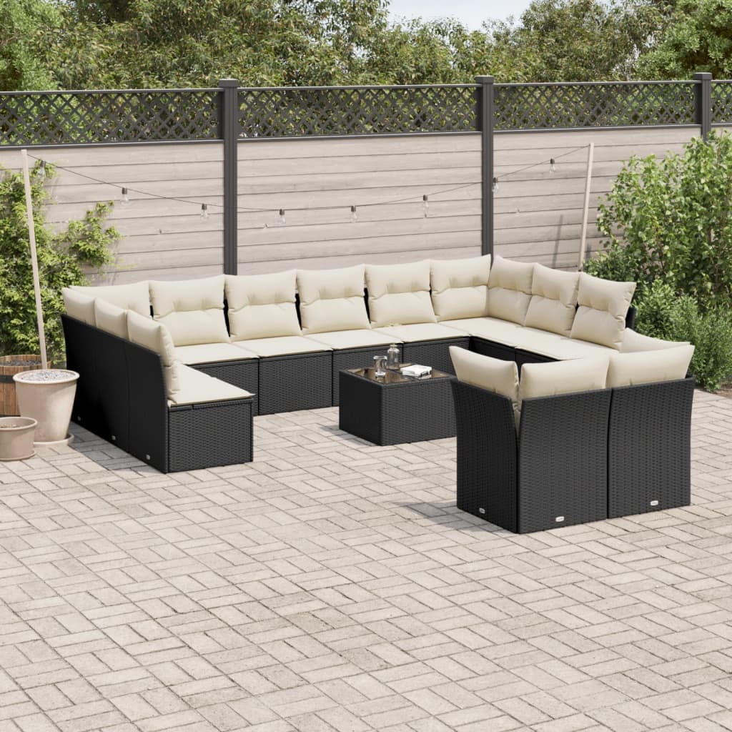 JUNG Vida 13-tlg. Garten-Sofagarnitur mit Kissen Schwarz Poly Rattan