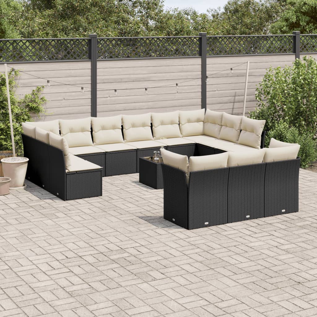 JUNG Vida 14-tlg. Garten-Sofagarnitur mit Kissen Schwarz Poly Rattan