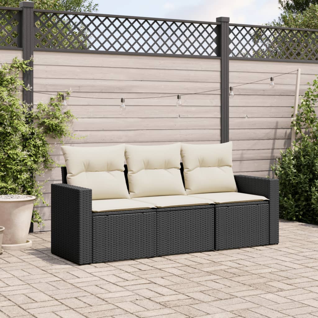 JUNG Vida 3-tlg. Garten-Sofagarnitur mit Kissen Schwarz Poly Rattan
