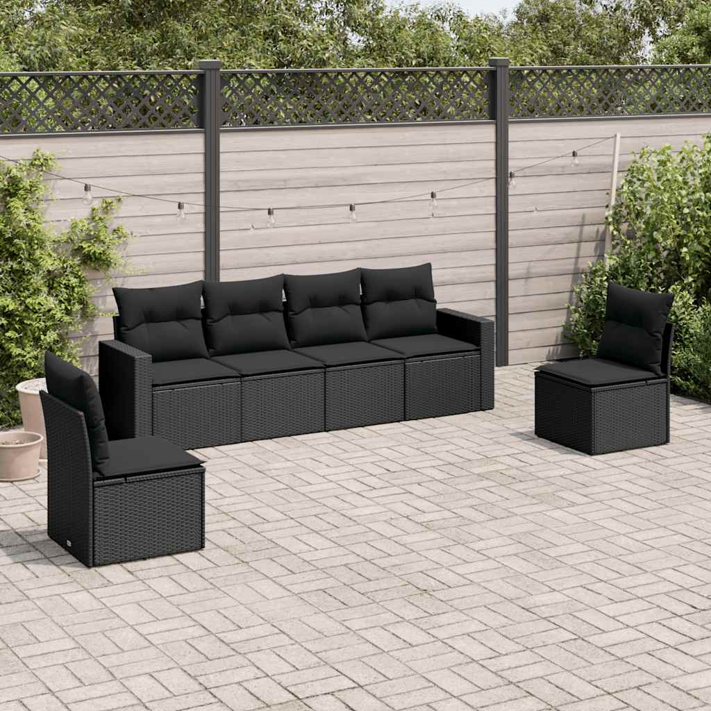JUNG Vida 6-tlg. Garten-Sofagarnitur mit Kissen Schwarz Poly Rattan