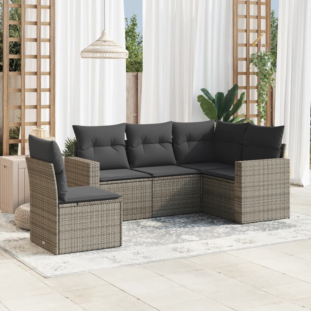 JUNG Vida 5-tlg. Garten-Sofagarnitur mit Kissen Grau Poly Rattan