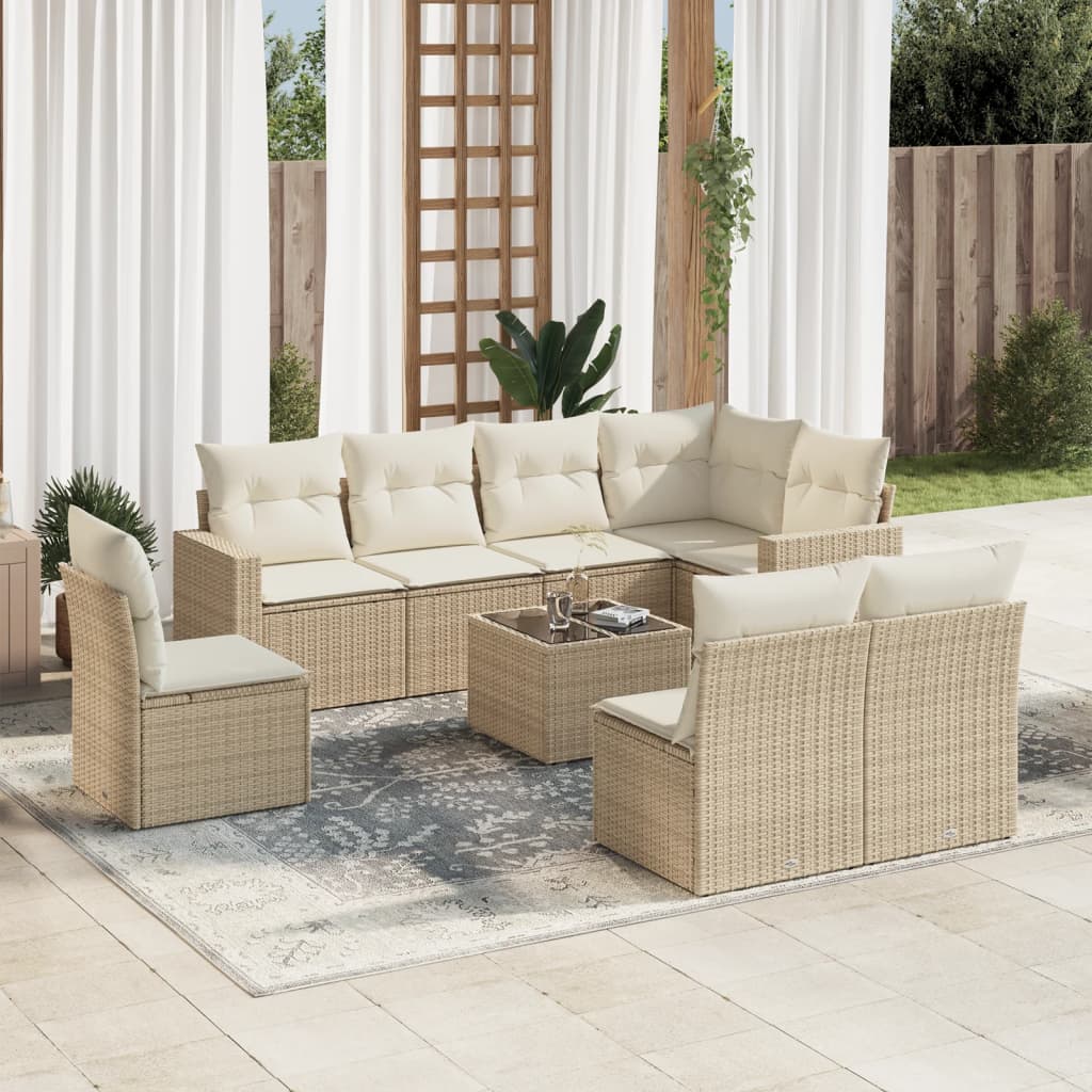 JUNG Vida 9-tlg. Garten-Sofagarnitur mit Kissen Beige Poly Rattan
