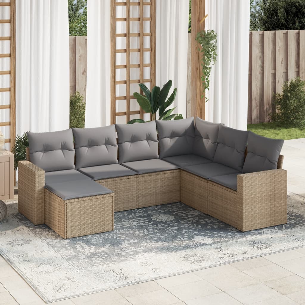 JUNG Vida 7-tlg. Garten-Sofagarnitur mit Kissen Beige Poly Rattan